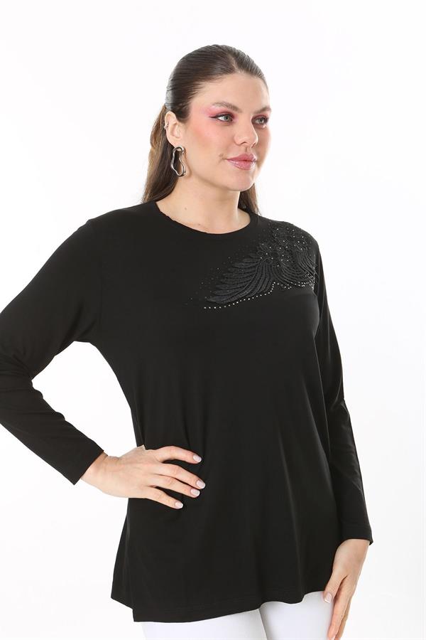 Kadın Büyük Beden Siyah Aplike Dantel Ve Taş Detaylı Uzun Kollu Bluz 65N37688