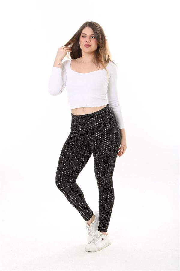 Kadın Büyük Beden Siyah Pamuk Kumaş Puan Desenli Tayt 65N37654