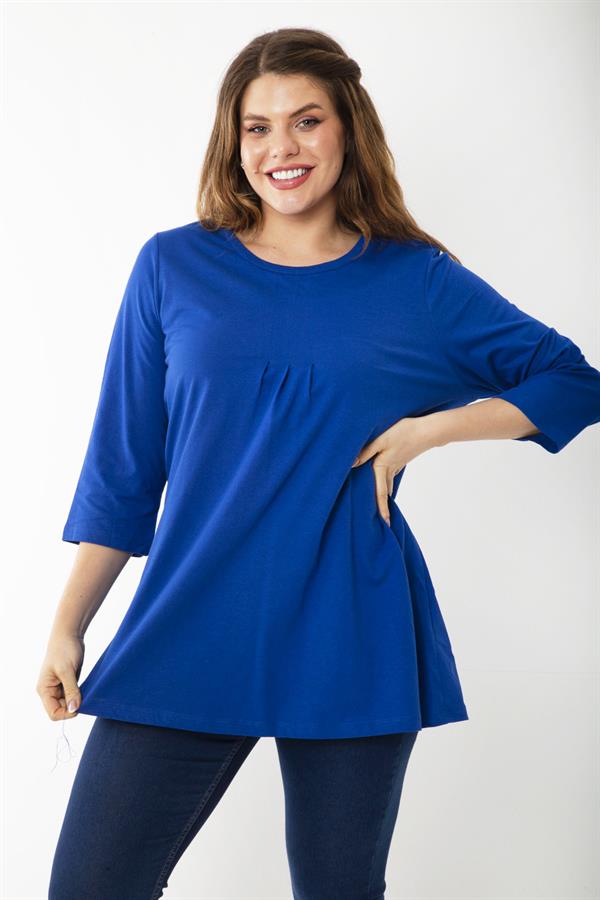 Kadın Büyük Beden Kemik Pamuklu Kumaş Pile Detaylı Kapri Kollu Bluz 65N37225