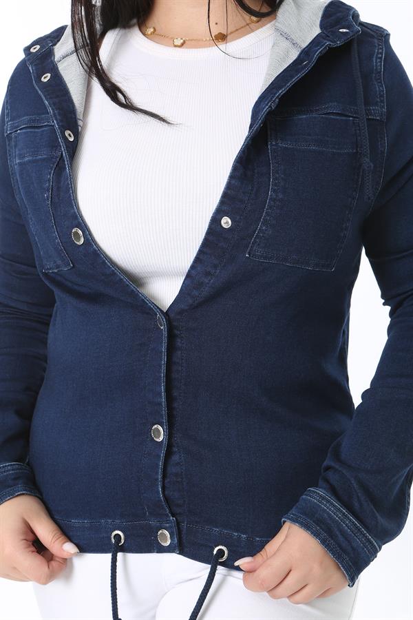 Women's Plus Size Navy Blue Snap Button Hooded Denim Coat 65N38380