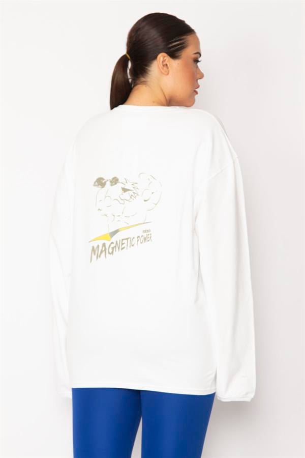 Kadın Kemik Pamuklu Kumaş Bisiklet Yakalı Sırt Baskı Detaylı Sweatshirt 65N28712