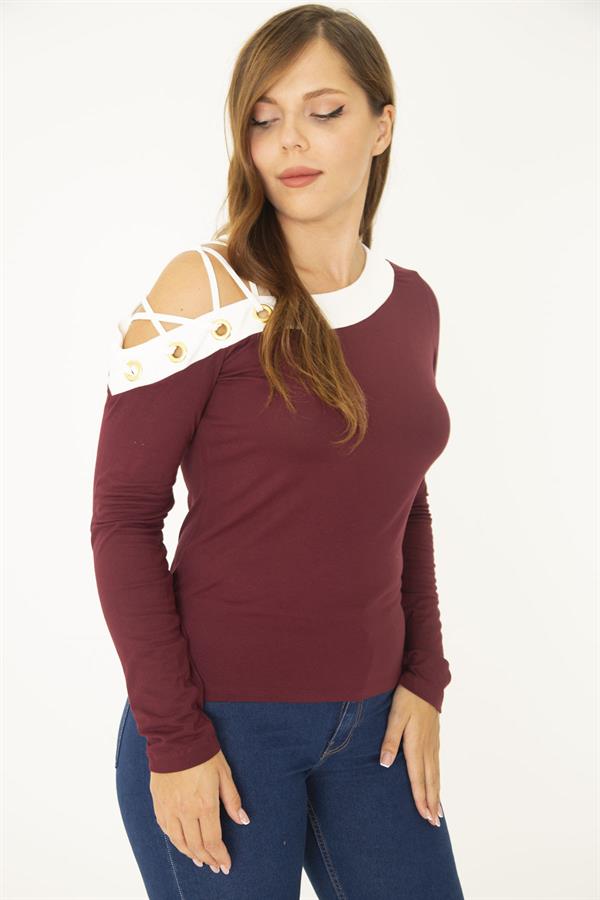 Kadın Büyük Beden Bordo Kuşgözü Ve Biye Detaylı Bluz 65N36965