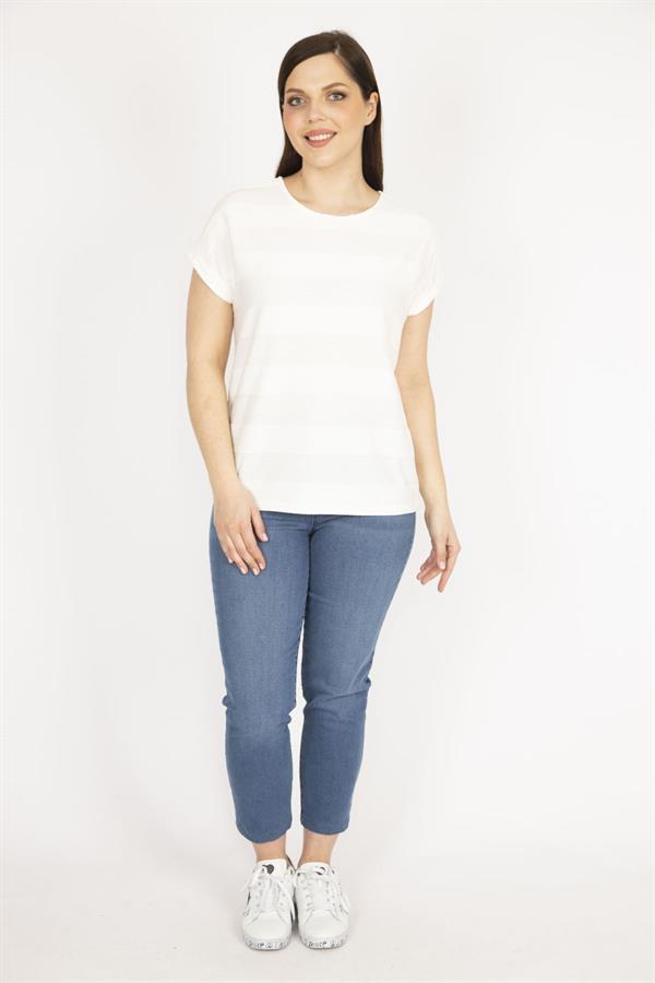 Kadın Kemik Büyük Beden Kendinden Desenli Duble Kol Bluz