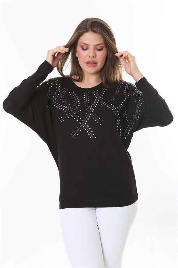 Kadın Büyük Beden Siyah Taş Detaylı Yarasa Kol Bluz 65N37804