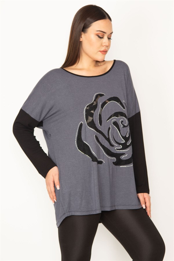 Kadın Gri Önü Flok Desen Ve Taş Detaylı İki Renkli Tunik 65N31412