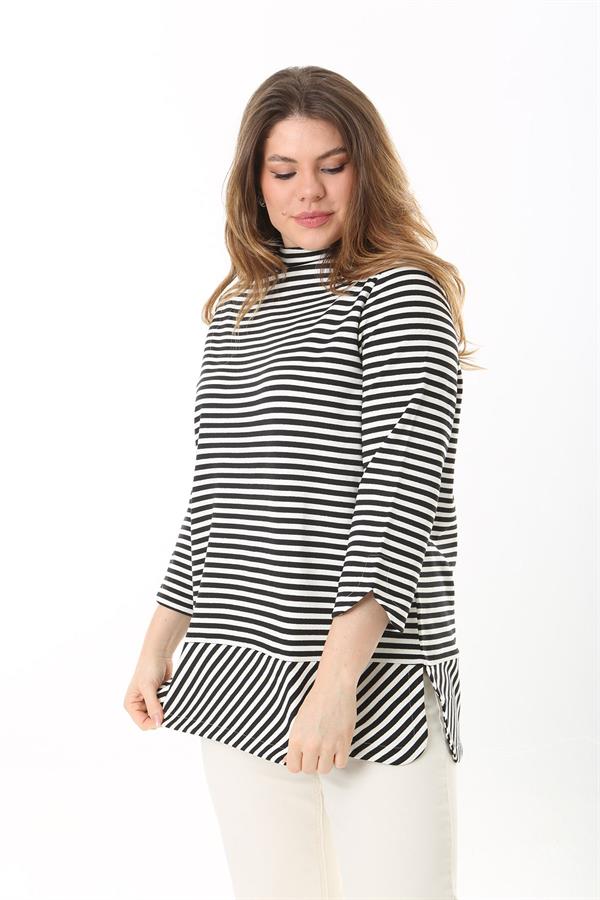 Kadın Büyük Beden Siyah Dik Yakalı Yan Yırtmaçlı Sim Çizgili Tunik 65N37523