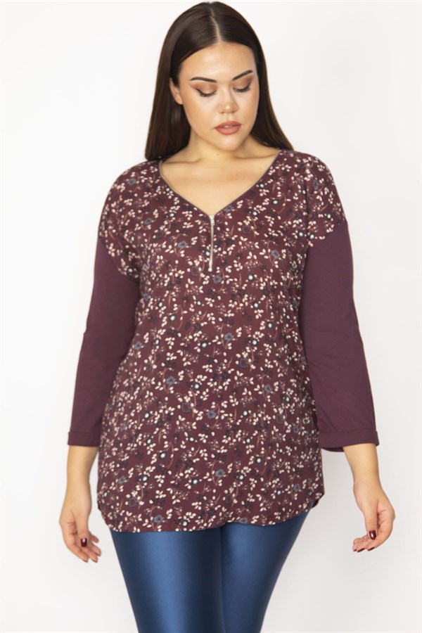 Kadın Mürdüm Ön Desenli Fermuar Patlı Kapri Kol Bluz 65N34386