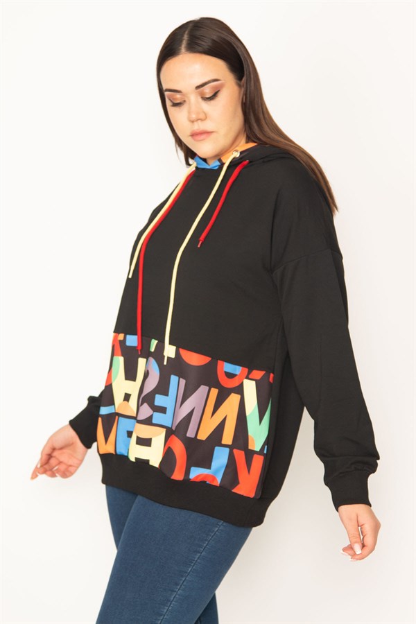Kadın Siyah Kapşonlu Ön Yazılı Sweatshirt 65N31325