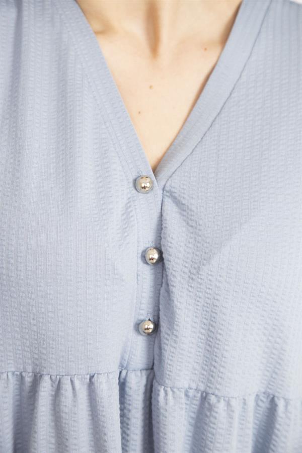 Kadın Bebe Mavisi Büyük Beden Ön Pat Düğmeli V Yakalı Katlı Elbise