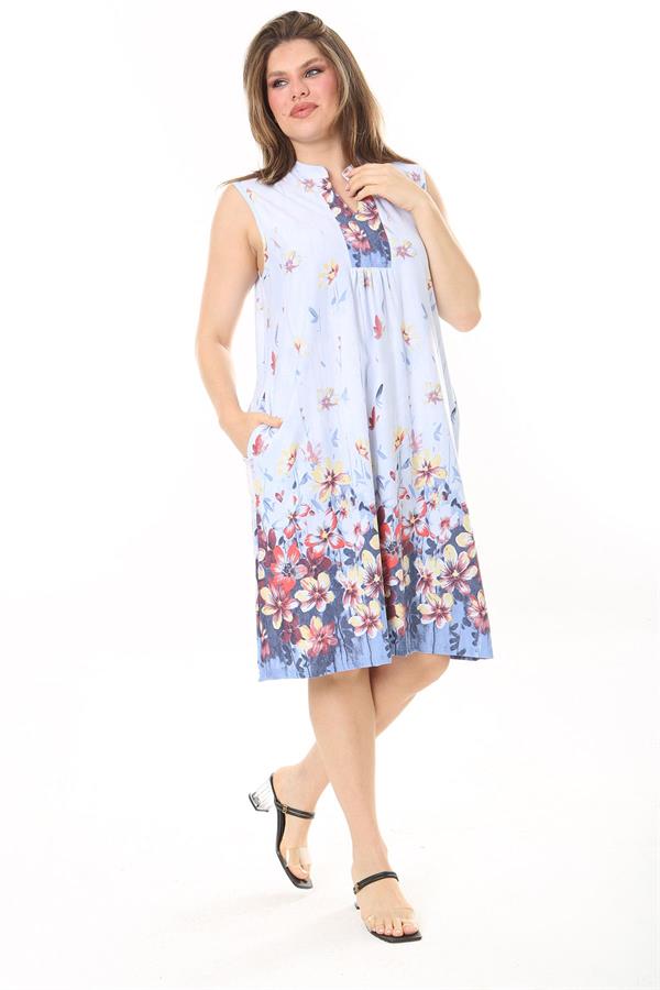 Kadın Büyük Beden Mavi V Yakalı Desenli Kolsuz Elbise 65N37873