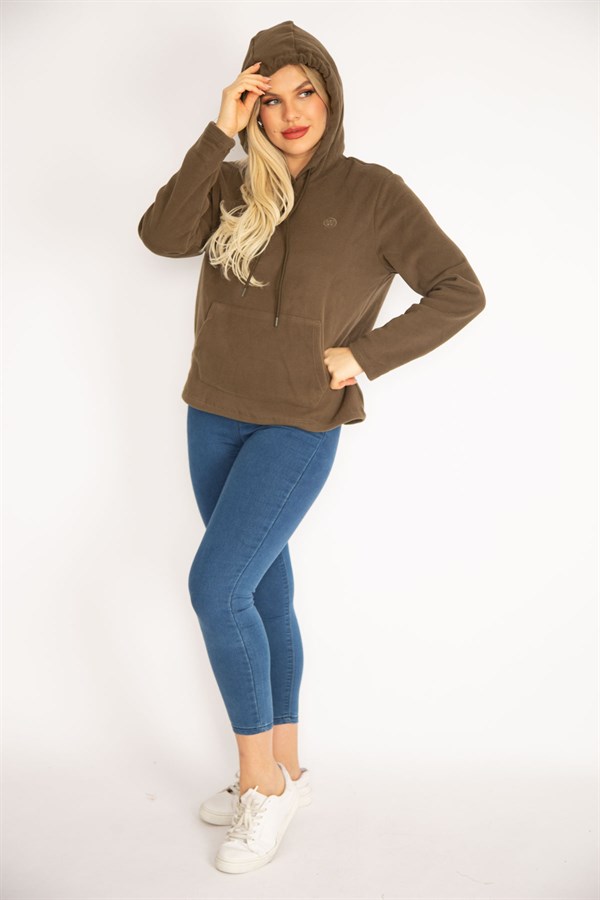 Kadın Haki Kapşonlu Kanguru Cep Polar Sweatshirt 26A35074