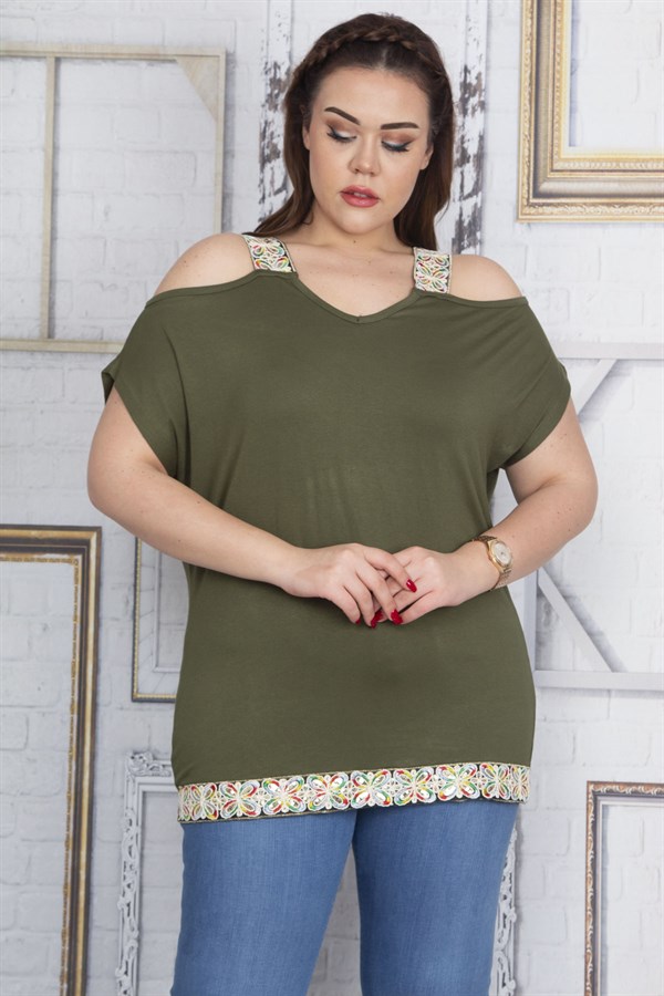 Kadın Haki Omuz Dekolteli Askı Ve Etek Ucu Payet Dantel Detaylı Bluz 65N22701