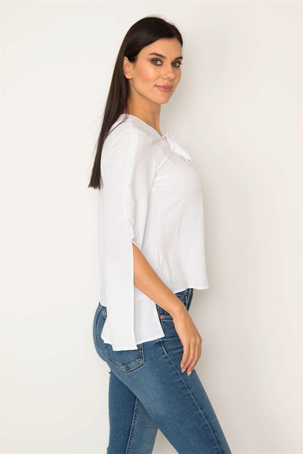 WOMEN'S WHITE COLLAR STRIPED BLOUSE WITH EYELET LACE DETAIL AND SLEEVE SLIT