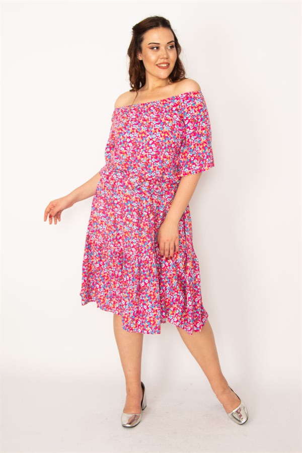 Kadın Fujya Yaka Lastikli Etek Ucu Büzgülü Dokuma Viskon Kumaş Elbise 65N33250