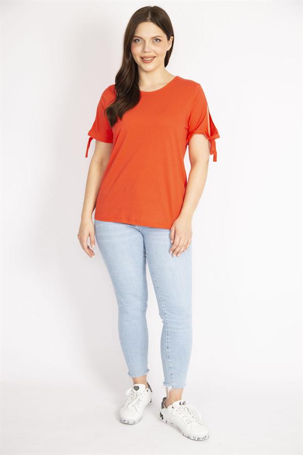 Kadın Nar Büyük Beden Pamuklu Kumaş Kol Bağcıklı Bluz