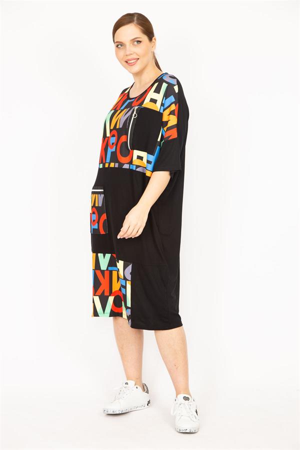 Kadın Siyah Büyük Beden Dijital Baskı Ve Süs Fermuar Detaylı Elbise 65N35841