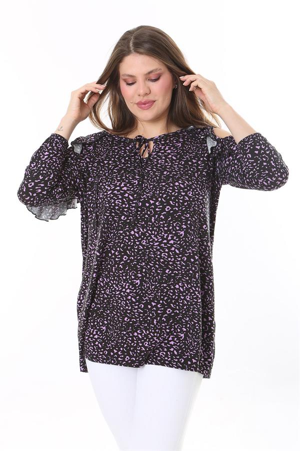 Kadın Büyük Beden Renkli Omuz Dekolte Ve Volan Detaylı Bluz 65N37800