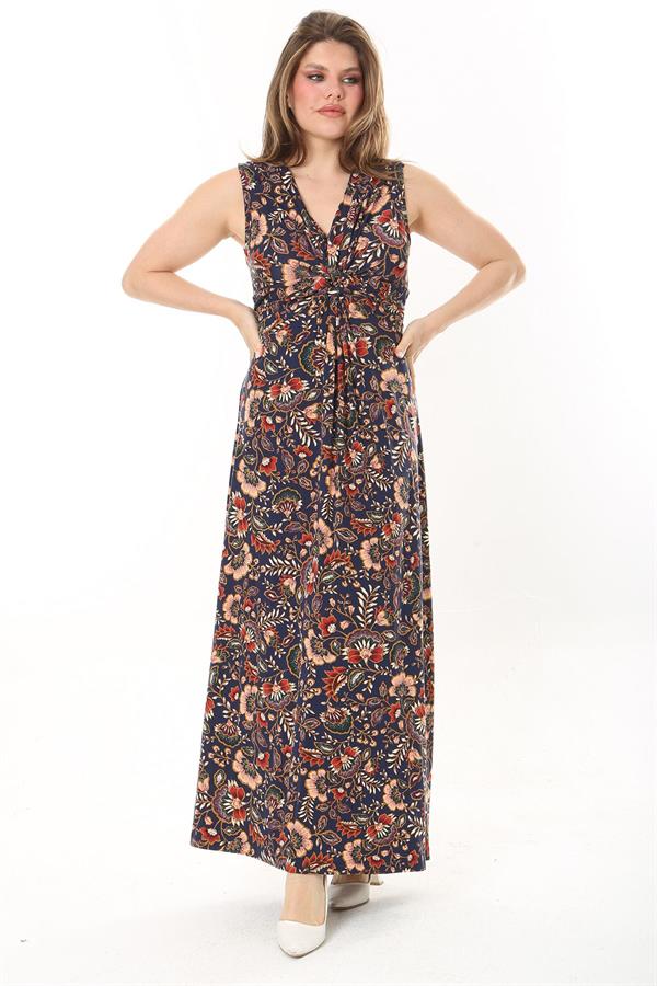 Kadın Büyük Beden Renkli Göğüs Büzgü Detaylı V Yaka Kuşaklı Elbise 65N37905