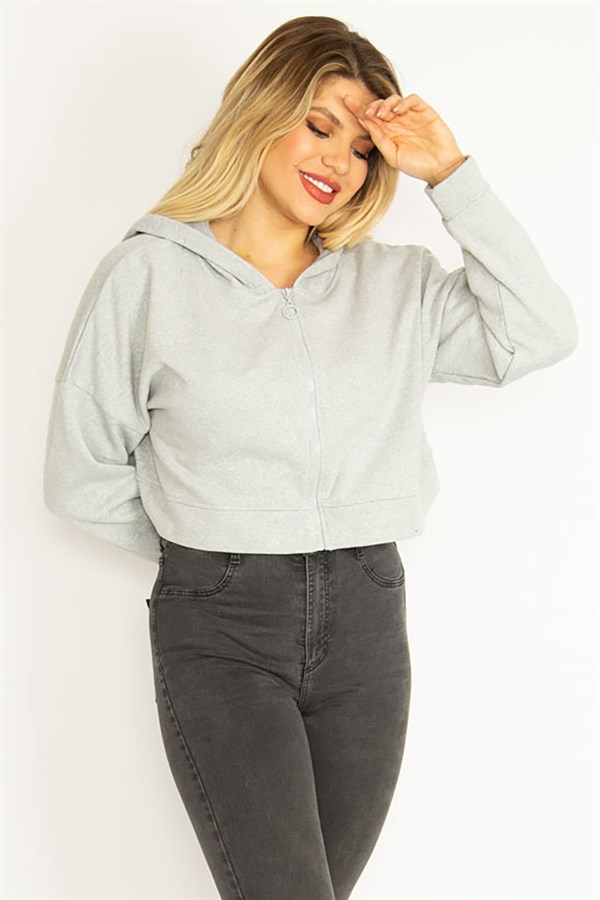 Kadın Gri İçi Şardonlu 2 İplik Kumaş Kapşonlu Sweatshirt 65N35076