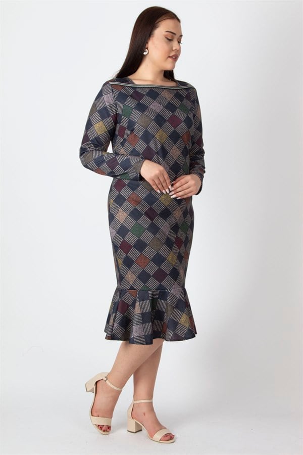 WOMEN'S NAVY BLUE PLAID PATTERNED COLLAR DETAILED DRESS WITH FLOUNCED HEM