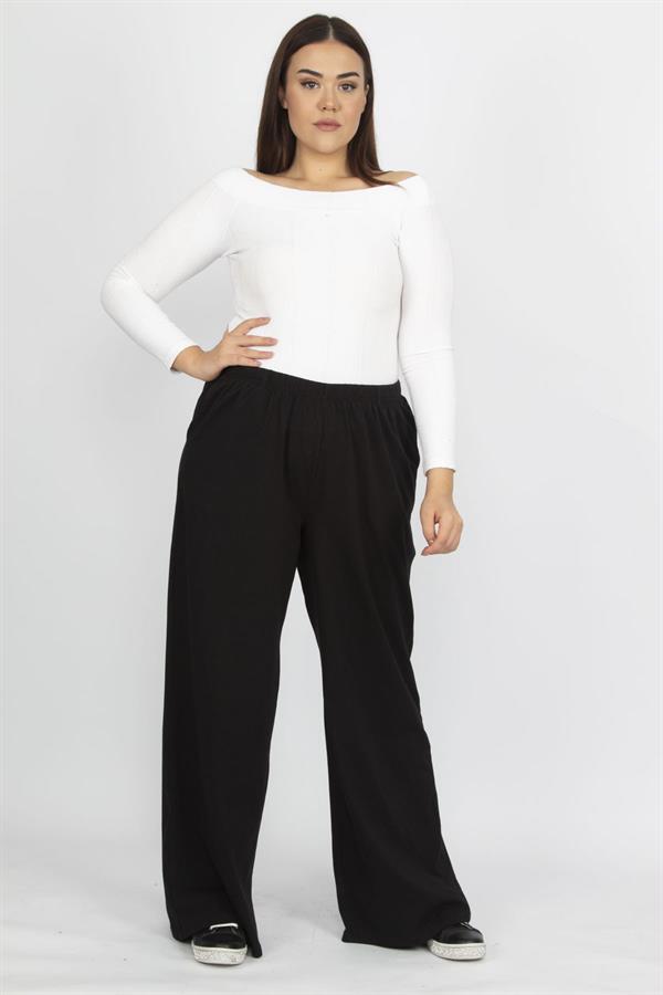 Kadın Siyah Büyük Beden Pamuklu Kumaş Yan Cepli Eşofman Alt 65N35693