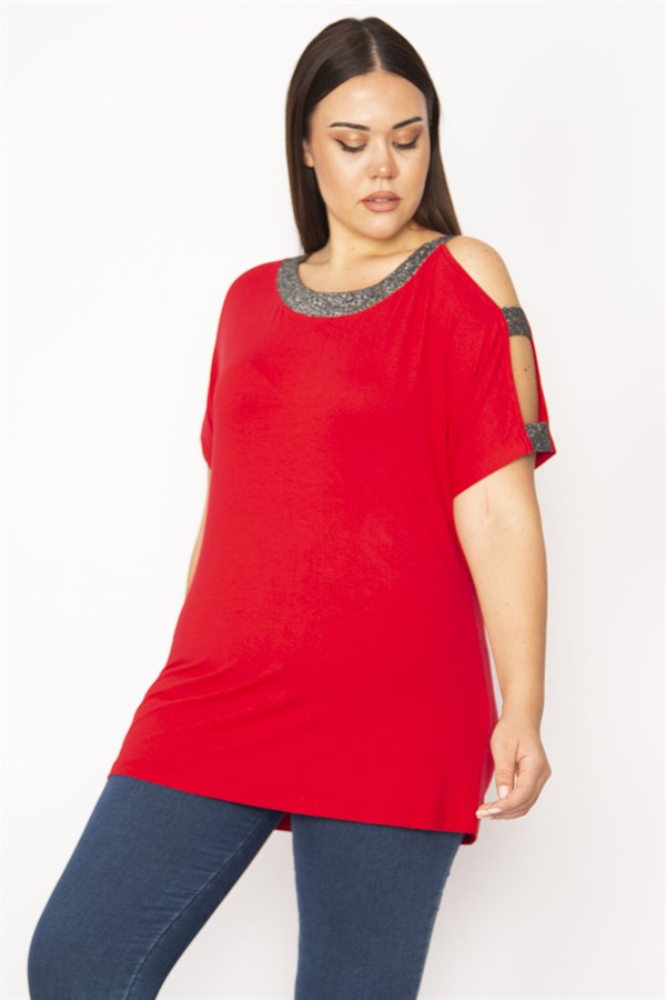 Kadın Kırmızı Tek Omuzu Ve Yakası Sim Detaylı Bluz 65N29510