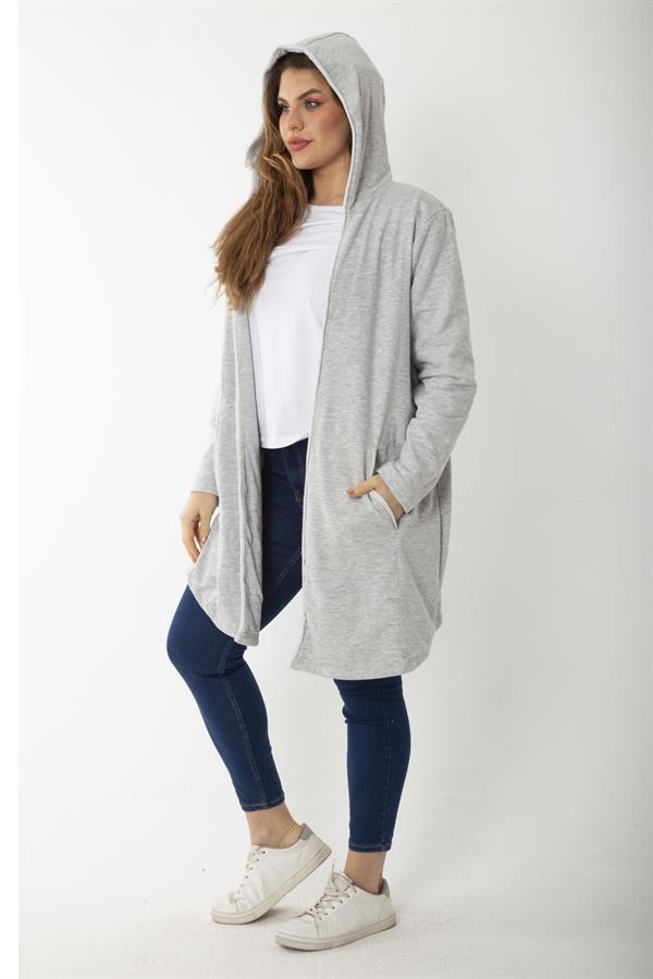 Kadın Büyük Beden Gri Kup Ve Vep Detaylı Kapşonlu Hırka 65N37183