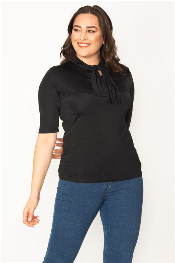 KADIN SİYAH YAKA FULAR BAĞLAMALI BLUZ