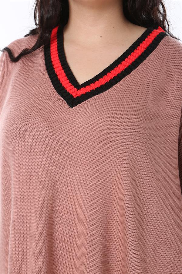 Kadın Büyük Beden Pudra V Yakalı Triko Panço 65N38571