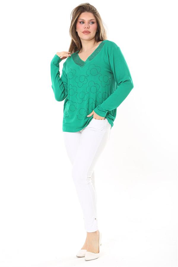 Kadın Büyük Beden Saks V Yakalı Taş Detaylı Uzun Kollu Bluz 65N37153