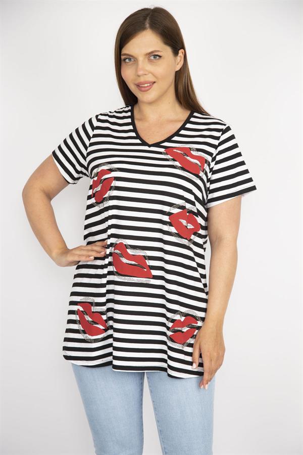 Kadın Siyah Büyük Beden Taş Detaylı V Yakalı Çizgili Bluz