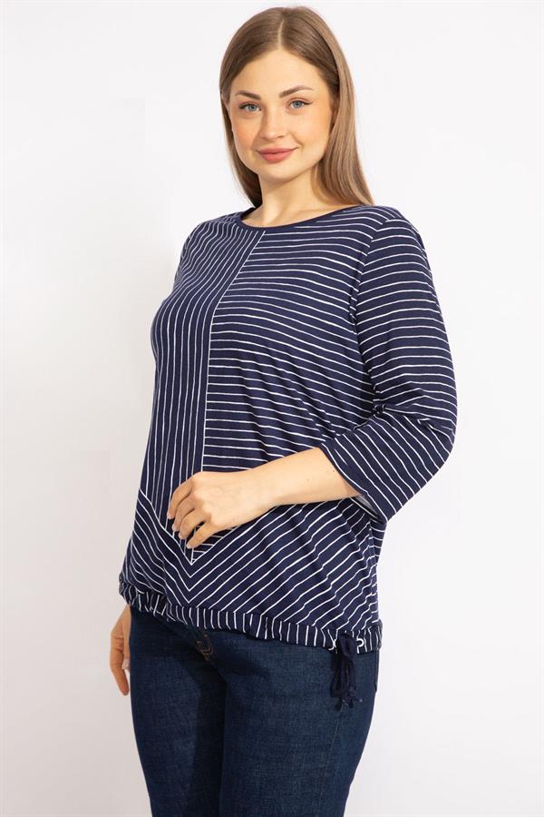 Kadın Lacivert Büyük Beden Pamuklu Kumaş Çizgi Kombinli Bluz 65N35571