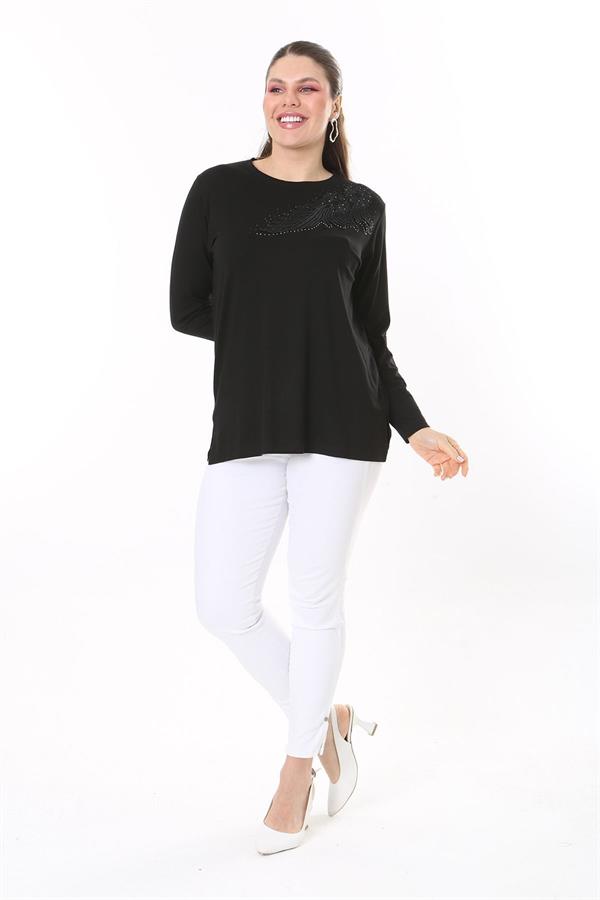 Kadın Büyük Beden Siyah Aplike Dantel Ve Taş Detaylı Uzun Kollu Bluz 65N37688