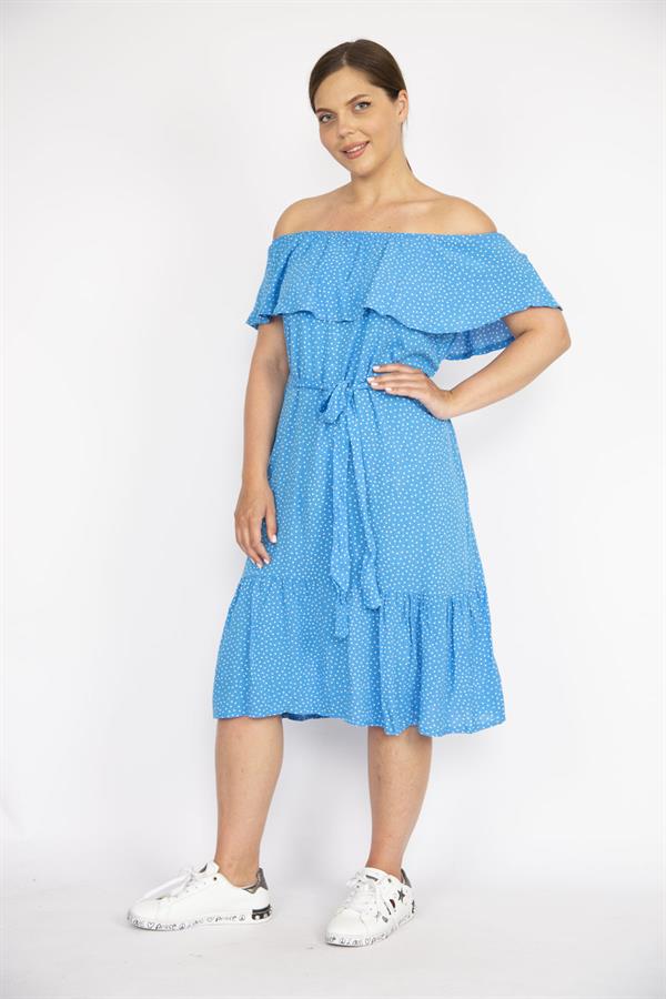 Kadın Mavi Büyük Beden Dokuma Viskon Kumaş Madonna Yaka Kuşaklı Elbise