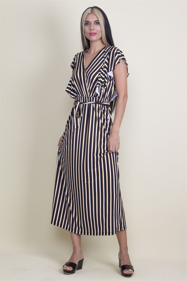 Kadın Siyah Volan Kollu Anvelop Elbise