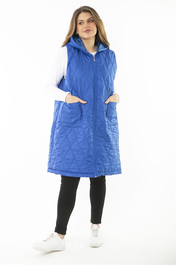 Kadın Büyük Beden Haki Ön Dermuarlı Kapşonlu Kapitone Astarlı Uzun Mont 65N37107