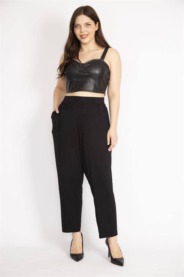 Kadın Siyah Büyük Beden Şalvar Kesim Yan Cepli Viskon Pantolon