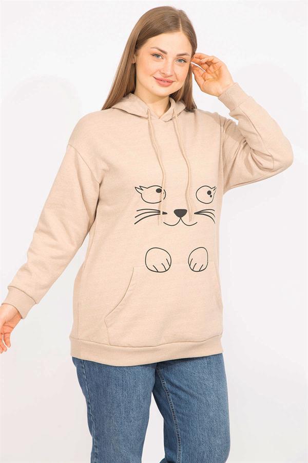 Women's Mink Plus Size Sweatshirt with Front Print and Hood Detail 65N35632