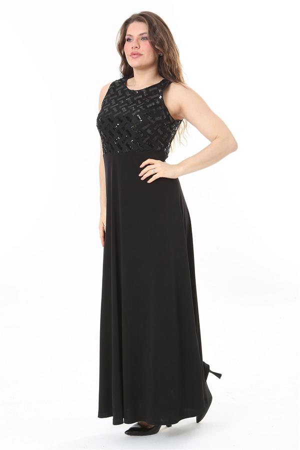 Kadın Büyük Beden Siyah Payet Detaylı Elbise 65N37955