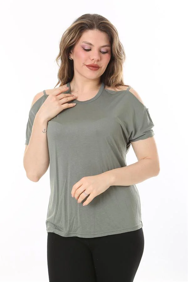 Kadın Büyük Beden Haki Omuz Dekolteli Bluz 65N38047