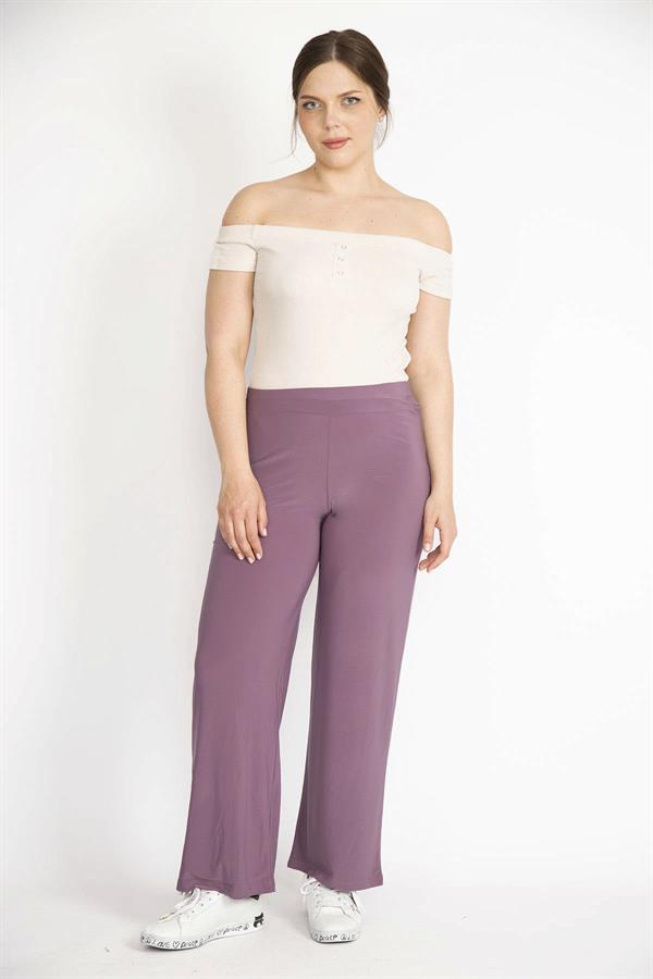 Kadın Lila Büyük Beden Likralı Buzy Kumaş Bel Lastikli Pantolon
