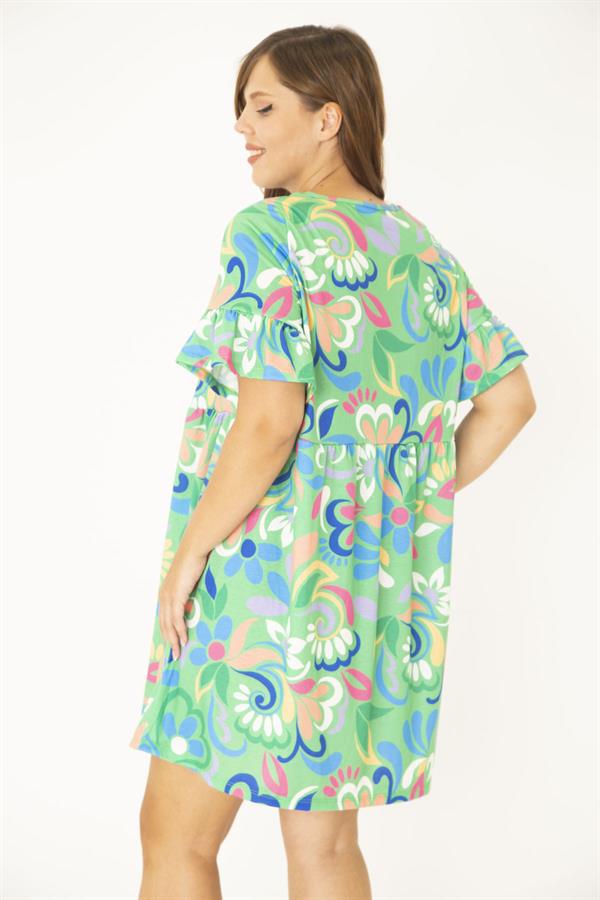 Kadın Büyük Beden Yeşil Bisiklet Yakalı Belden Büzgü Ve Kolları Volan Detaylı Tunik Elbise 65N36881