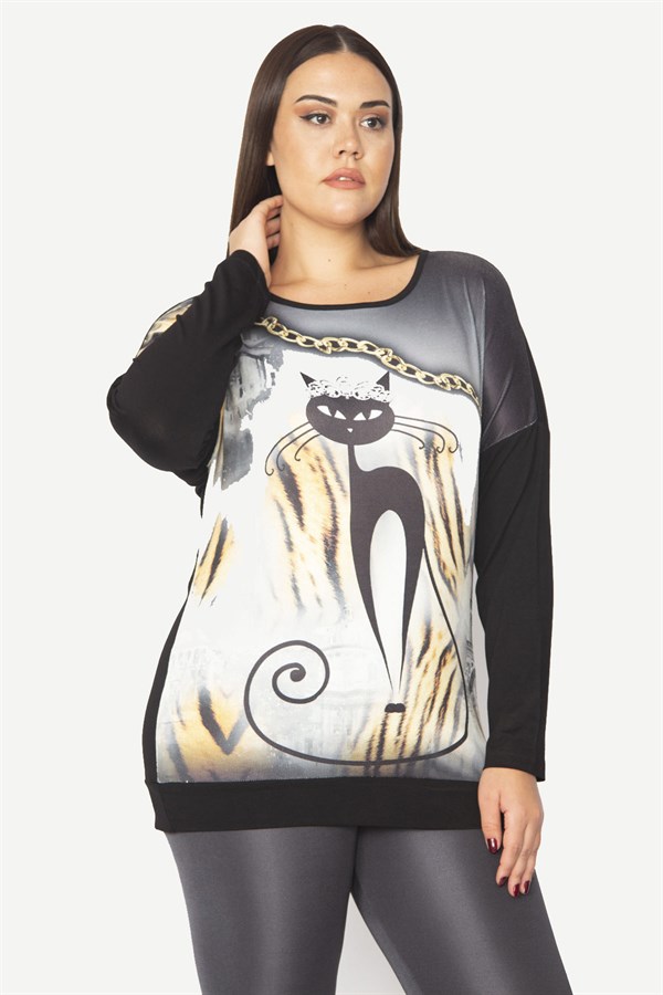 Kadın Siyah Kedi Figürlü Baskı Ve Taş Detaylı İki Renkli Tunik 65N29344