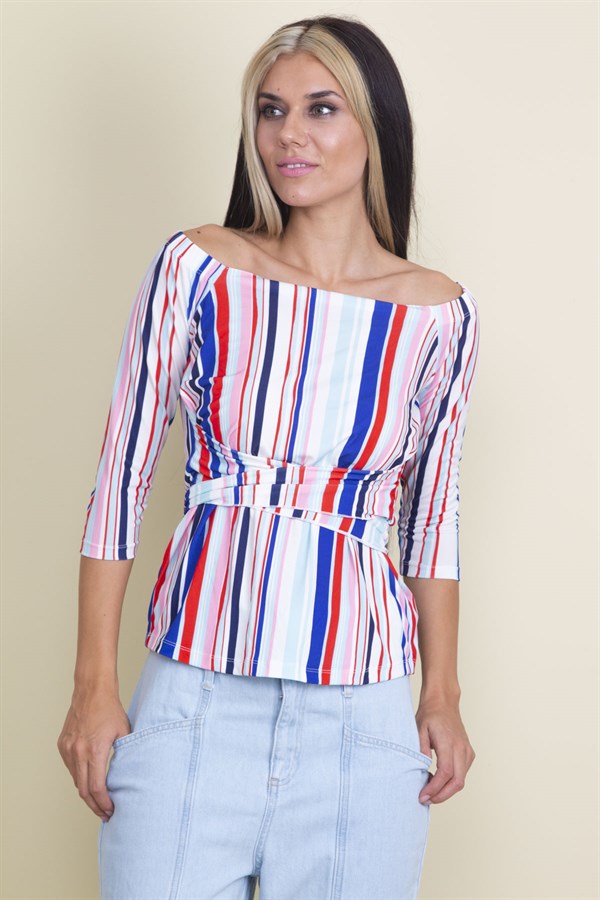 KARMEN YAKA KAPRİ KOL BEL BAĞLAMALI RENKLİ BLUZ