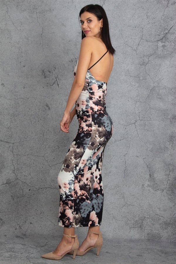 Kadın Renkli Askılı Yanları Lastik Detaylı Sırt Dekolteli Elbise