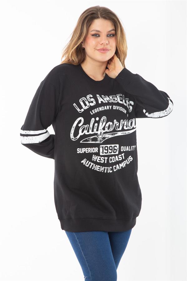 Kadın Büyük Beden Siyah İçi Şardonlu Üç İplik Sweatshirt 65N37295