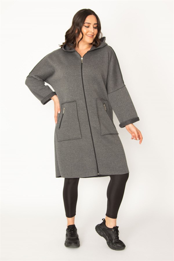 Kadın Füme Fermuar Ve Kapşon Detaylı Kaban 65N28345