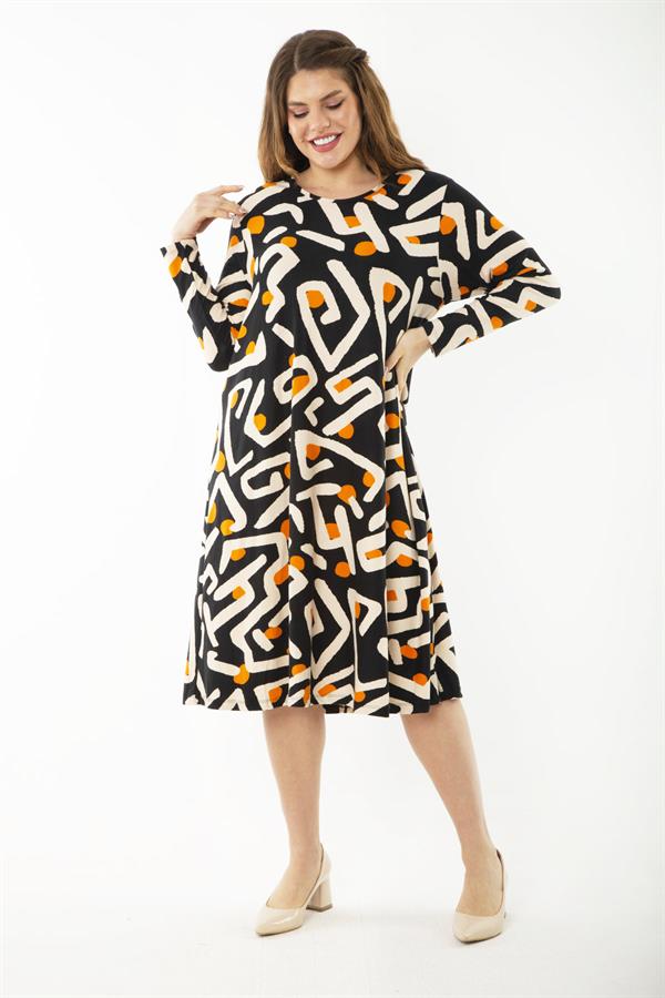 Kadın Büyük Beden Renkli Uzun Kollu Desenli Elbise 65N37191