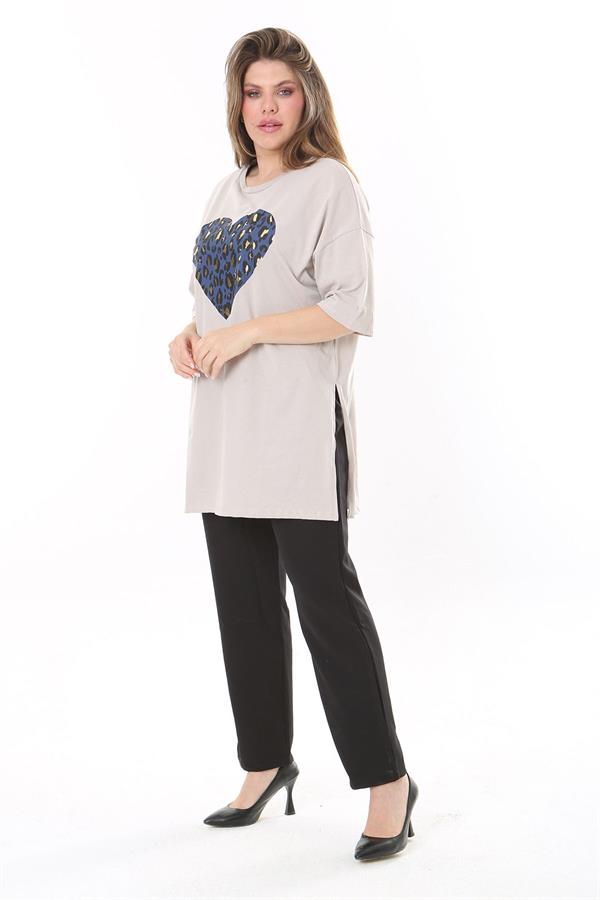 Kadın Büyük Beden Vizon Lak Baskılı Yan Yırtmaçlı Bluz 65N37801