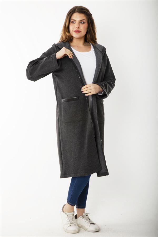 Kadın Büyük Beden Füme Ön Fermuarlı Kapşonlu Astarsız Suni Deri Garnili Kaban 65N37179